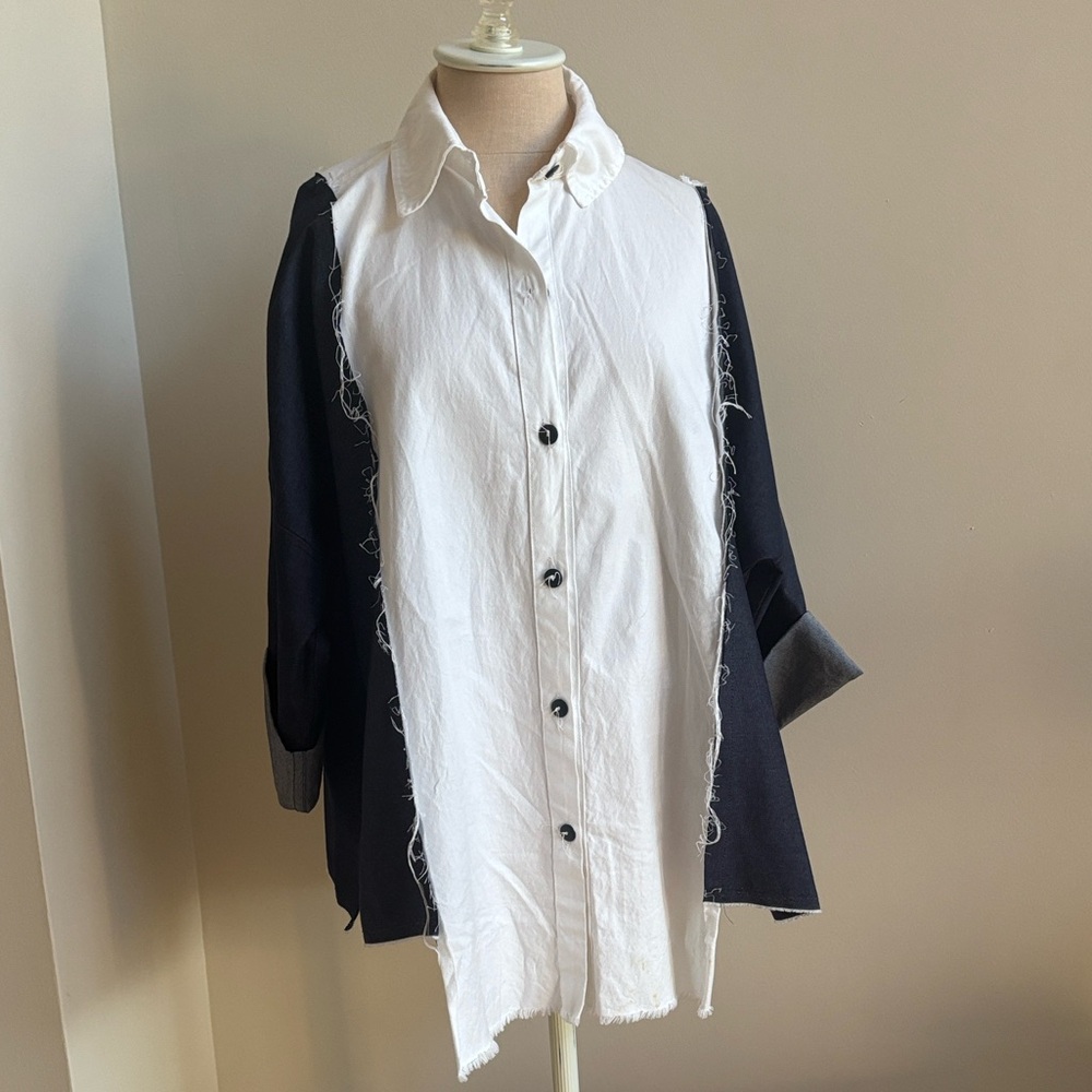 SKIF International Denim and Cotton Button-up Oversized Shirt Blouse Top
